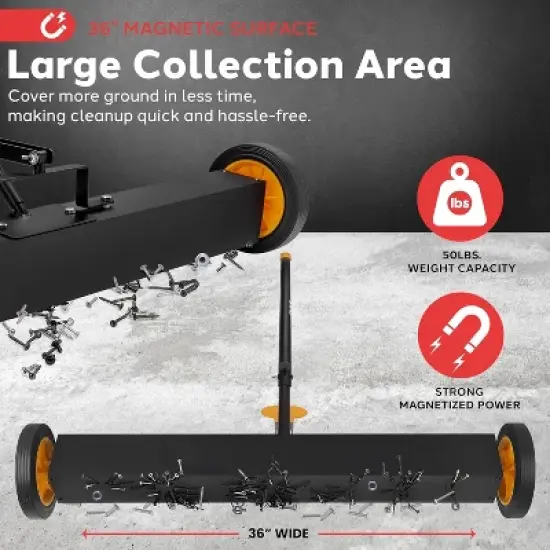 Pyle 36&rdquo; Heavy-Duty Magnetic Sweeper with Wheels for Industrial and Commercial Use - Black and Orange image {4}