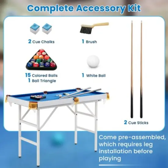 Costway 47" Folding Billiard Table Pool Game Table Indoor Kids w/ Cues Brush Chalk Green/Blue image {8}