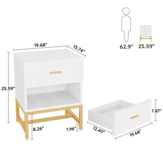 Resenkos 2-Drawer Nightstand, Large White Gold Bed Side Table, Modern Wide End Table Table for Living Room, Wood Metal Tall Night Stands image {3}