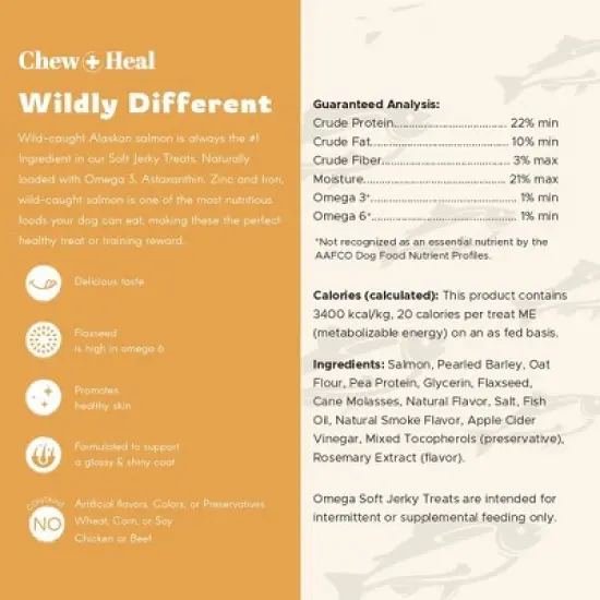 Chew + Heal Wild-Caught Alaskan Salmon Omega Soft Jerky Treats for Dogs, Natural Source of EPA & DHA, Promotes Healthy & Happy Fur - 5oz image {8}