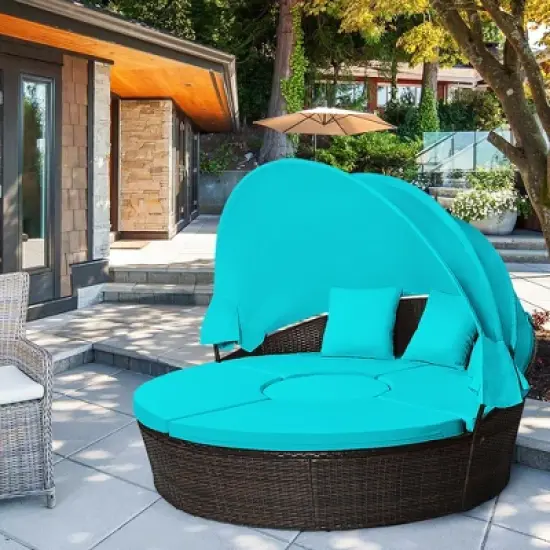 Tangkula Cushioned Patio Rattan Round Daybed w/ Adjustable Table 3 Pillows Turquoise image {6}