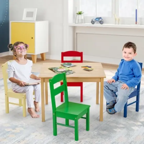 Costway Kids 5 Piece Table Chair Set Pine Wood Multicolor Children Play Room Furniture image {4}