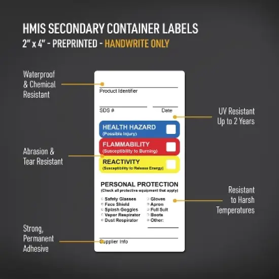 Avery HMIS Secondary Container Labels, Waterproof, Chemical Resistant, Preprinted, Handwrite-Only, 4" x 2", 50 HMIS Labels image {1}