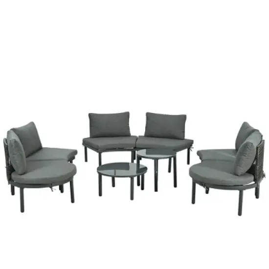 FIONECA 8-Piece Half Moon Outdoor Sectional Sofa Set with 2 High-Low Coffee Tables, Gray PE Wicker Patio Furniture with Cushions & 6 Pillows image {9}