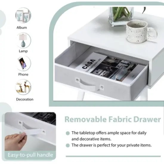 Costway Mid-Century Nightstand End Accent Bedside Table W/ Fabric Drawer Rustic White image {6}