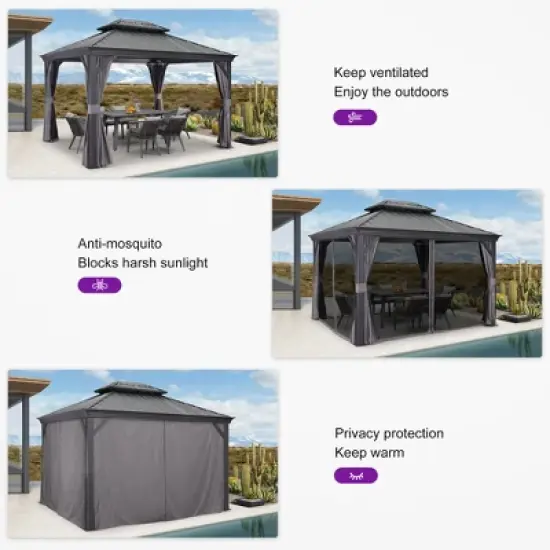 PURPLE LEAF Outdoor Gazebo Aluminum Frame Galvanized Steel Double Roof Patio Hardtop Gazebo with Curtains and Netting for Patio Lawn and Garden image {10}