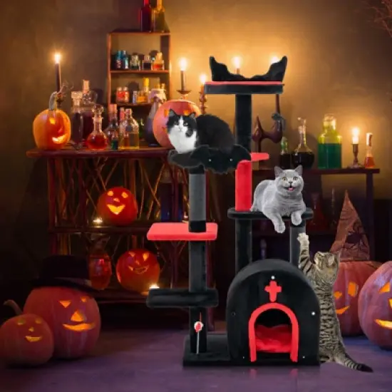 Tangkula Gothic Cat Tree 53" Black Cat Tower with Cat Bed Cat Condo Scratching Posts Spider Pompom & Spring Balls Halloween image {2}