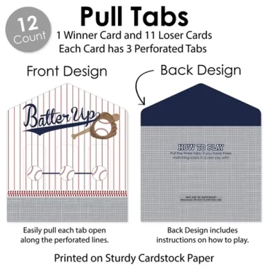 Big Dot of Happiness Batter Up - Baseball - Baby Shower or Birthday Party Game Pickle Cards - Pull Tabs 3-in-a-Row - Set of 12 image {3}