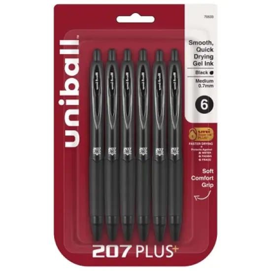 uniball 6pk 207 Plus+ Gel Pen 0.7mm Medium Point Black Ink Black Barrel: Signo Gel Pens, Stationery & Office Supplies image {8}