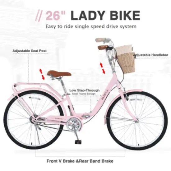 INFURNIC Bicycles 26" Single Speed Folding Lady Bike Durable Steel Frame Compact Design for Easy Storage and Commuting, Pink, 69.93"*25.2"*40.95" image {3}