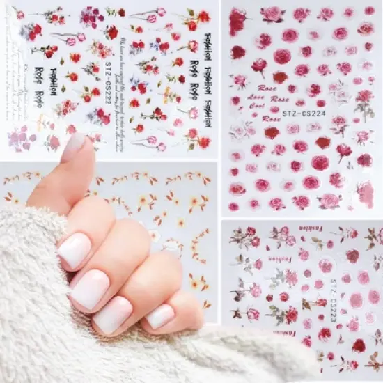 Unique Bargains Self-Adhesive Floral Pattern  Nail Art Stickers Red Pink 4 Pcs image {3}