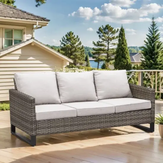 POCASSY 74.4" Outdoor Wicker Couch with Metal Armrest, 3-Seater Couch with Square Armrest Patio Furniture Sofa for Porch Balcony, Gray image {8}