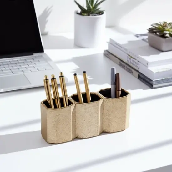 Sagebrook Home 10" Ceramic 3-cup Pen and Pencil Holder for Stylish Desktop Storage at Your Home or Office image {10}