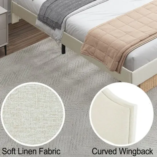 Queen/King Size Upholstered Platform Bed Frame with Adjustable Headboard, Linen Fabric Padded, No Box Spring Needed, Beige-ModernLuxe image {6}