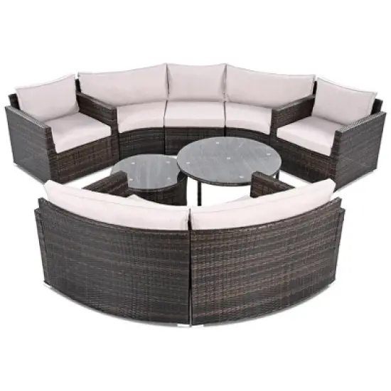 YOOCOZZ 9-Piece Half-Moon Patio Conversation Set - Modern Wicker Sofa image {3}