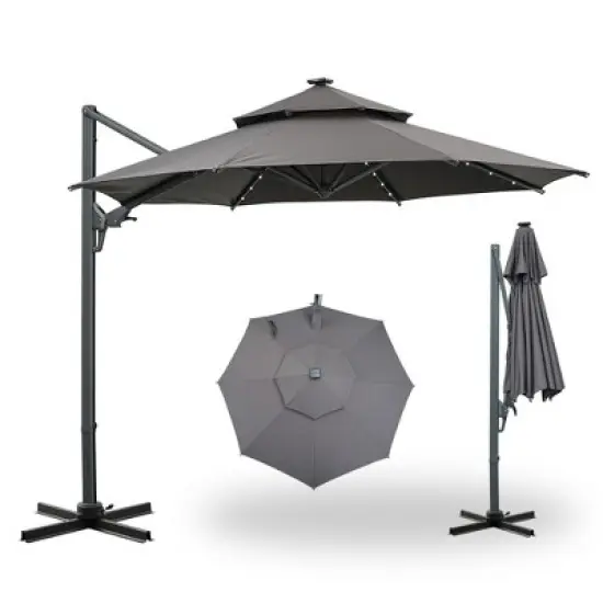 Ainfox 10ft  Outdoor Double-layer Market Umbrella GreyWith Led Lights image {3}