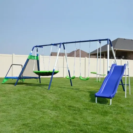 Sportspower Mountain View Metal Swing Slide and Trampoline Set image {1}