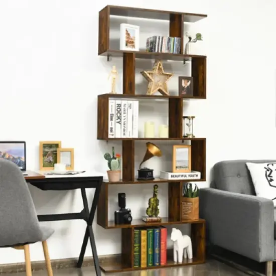 Tangkula 6-Tier S-Shaped Wooden Bookshelf Storage Bookcase Multifunctional  Display Stand Shelf image {2}