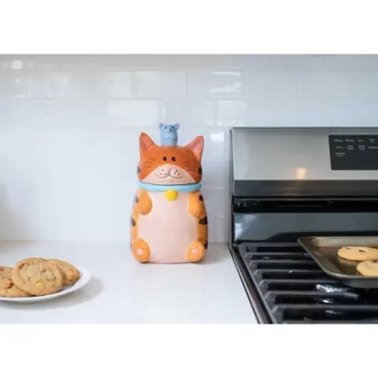 100 North Dolomite Ceramic 10 inch Everyday Cookie & Candy Jar Airtight Lid: Kitchen Canisters, Pet Treat Containers, Orange Tabby Striped Cat & Mouse image {4}