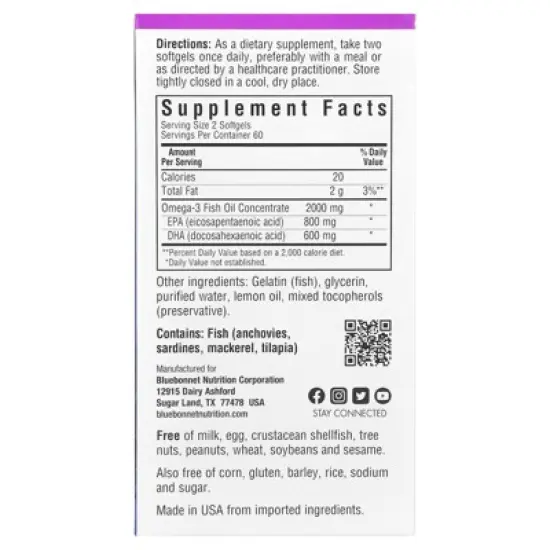 Bluebonnet Nutrition Omega-3 Fish Oil, Heart Health, Lemon, 120 Softgels (1,000 mg per Softgel) image {1}