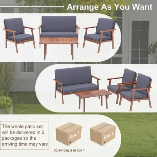 Costway 4 PCS Patio Conversation Set Acacia Wood Sofa Coffee Table with Cushioned Seat image {7}