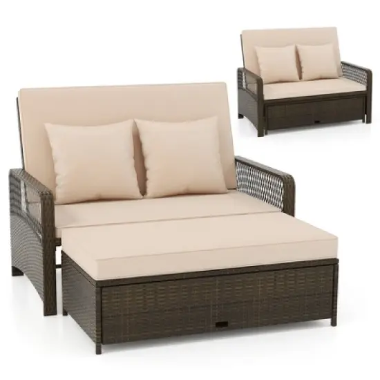 Tangkula Patio Rattan Daybed Wicker Loveseat Sofa w/ Multifunctional Ottoman image {10}
