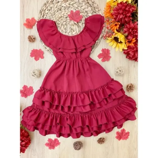 Girls Crisp Cranberry Tiered Ruffle Midi Dress - Mia Belle Girls image {4}