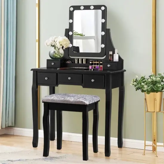 Costway Vanity Dressing Table Set w/ 10 Dimmable Bulbs Touch Switch Cushion Stool White\Black\Brown image {9}