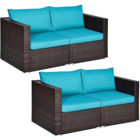 Costway 4PCS Patio Rattan Corner Sofa Sectional Furniture SetBlue\Beige\Navy Cushion image {10}