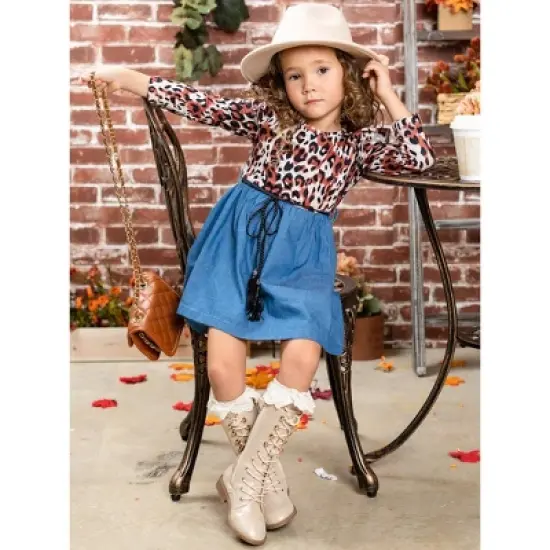 Girls Fierce & Fab Leopard Denim Dress - Mia Belle Girls image {4}