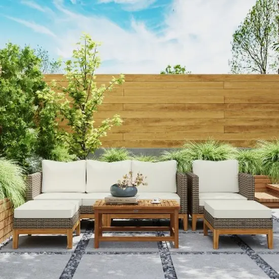 Outsunny Cushioned Patio Furniture Set, 5 PCs Wooden Frame PE Rattan Conversation Set, Cream White image {1}