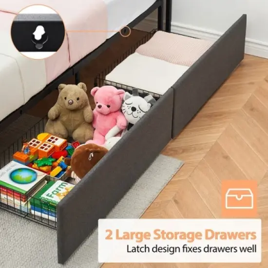 WhizMax Twin Size Bed Frame with 2 Storage Drawers and Charging Station, Rustic Linen Upholstered Platform Bedframe with Storage Headboard image {5}
