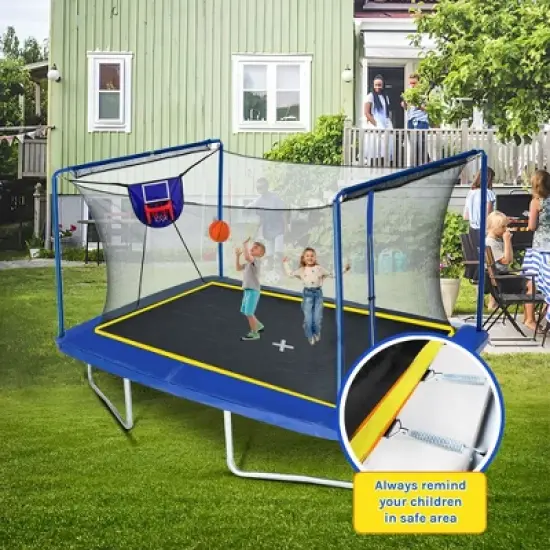 Okak 8*12FT Rectangle Trampoline, Outdoor Trampoline with Basketball Board, Inflater and Ladder, Rebounder for Garden, Patio, Blue image {4}