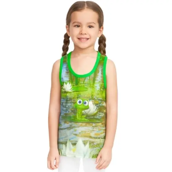 Masha and the Bear Frog on a Lilypad Tank Top, Full Print Lake Scenery, Machine Washable Cotton - Toddler image {3}