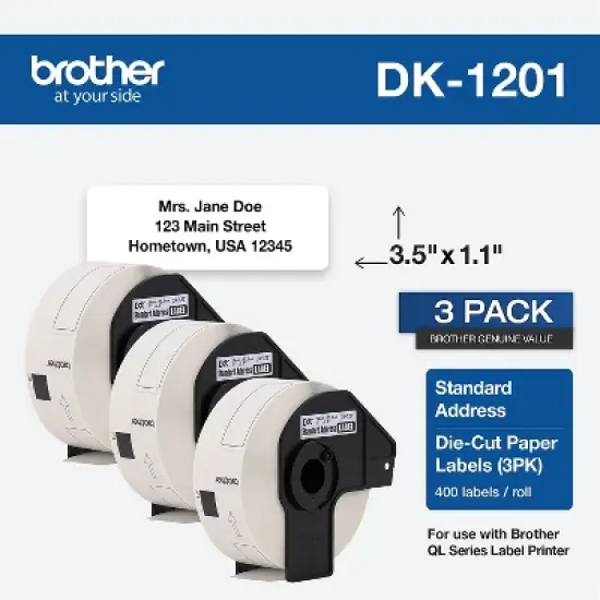 Brother Genuine DK1201 1.1&rdquo; x 3.5&rdquo; Die-Cut Standard White Address Labels 3 Pack DK-1201 image {1}
