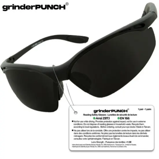 grinderPUNCH Full Lens Magnification Safety Glasses with Black Frame  Clear Lens   Magnifying Reading Eyewear image {4}