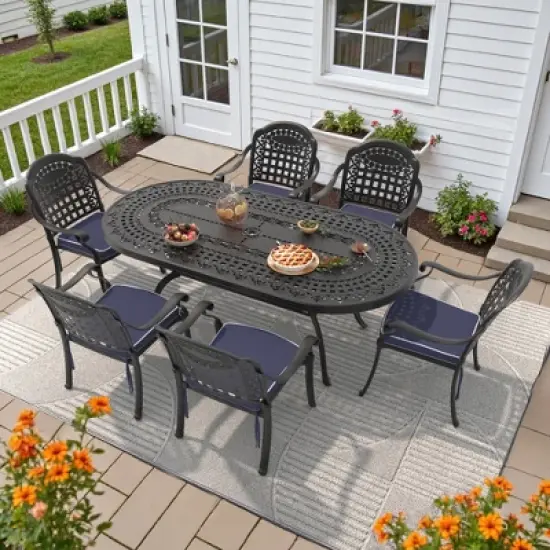 7-Piece Cast Aluminum Outdoor Dining Set: OvalTable, Stackable Chairs & Blue Cushions - All-Weather Patio Furniture for Your Backyard image {10}