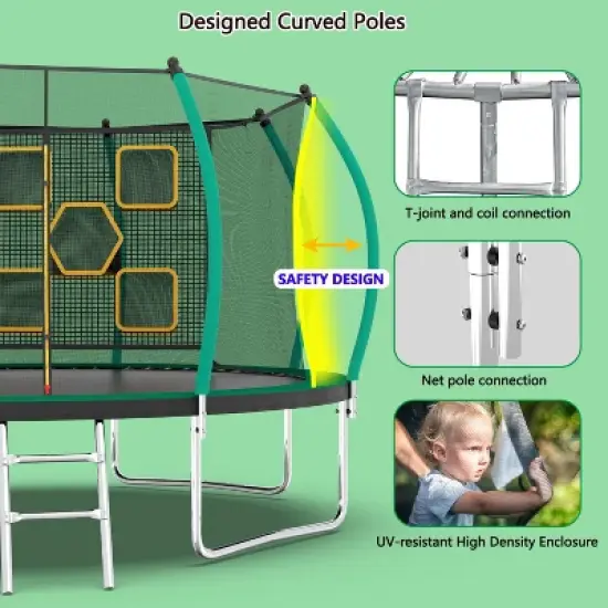 BestParts 14FT Round Trampoline with Ladder, Safety Net & Toss Target Game &ndash; Green Steel Frame image {3}