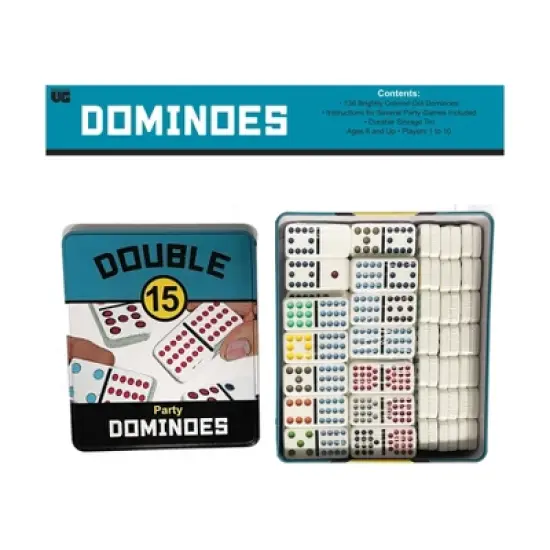 Double 15 Party Dominoes Board Game: University Games, Problem Solving, 1-10 Players, Storage Tin image {3}