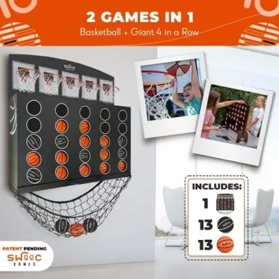 SWOOC Games - Low Post Lineup | Wall Mounted Giant Basketball 4 In A Row w/ 5+ Games | Basketball Hoop For Room Wall Games | Mini Game Room Games image {2}