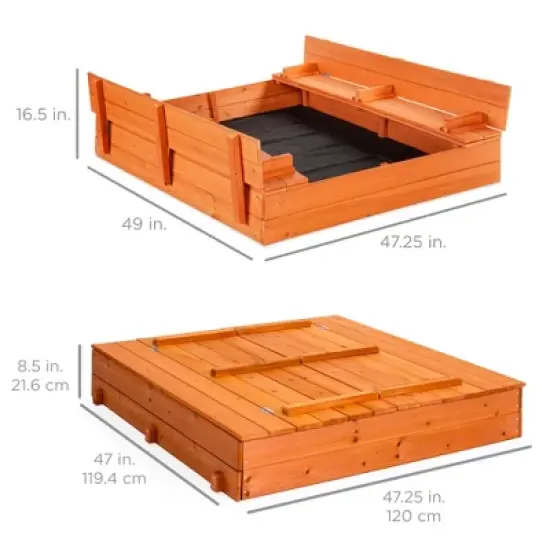 Best Choice Products 47x47-Inch Kids Wooden Outdoor Sandbox w/ 2 Foldable Bench Seats, Sand Protection, Liner - Brown image {6}