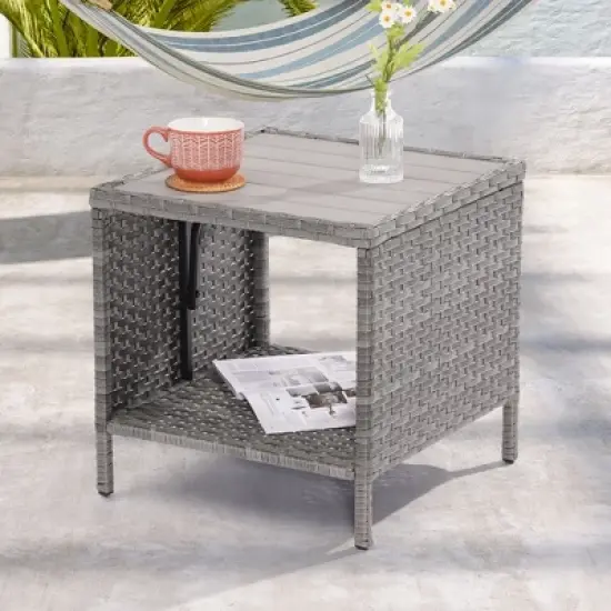 Sonkuki Outdoor Patio Furniture, Square PE Rattan Wicker Side Table with Storage Shelf image {9}