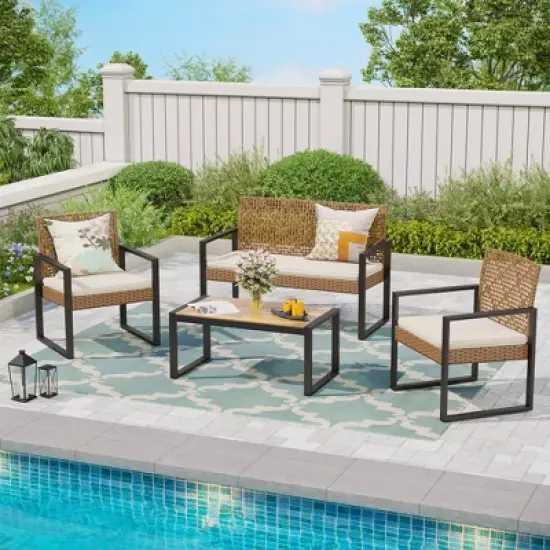 Captiva Designs 4pc Conversation Set: Rattan Loveseat, Coffee Table, Weather-Resistant image {8}
