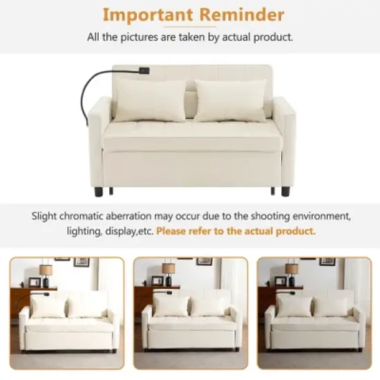 56.9"W Loveseat Sofa, Pull-Out Sleeper Sofa Bed with Adjustable Backrest, Side Pockets, Two USB Ports and A Phone Holder - ModernLuxe image {6}