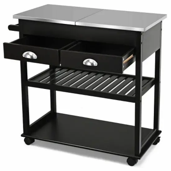 Costway Rolling Kitchen Island Trolley Cart Stainless Steel Flip Tabletop W/ Drawer Brown image {9}