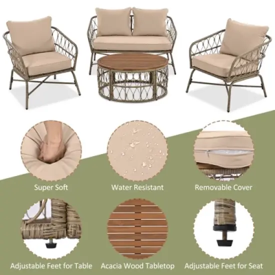 4pcs Outdoor Seating Group, Patio Conversation Set With Removable Cushions, Wood Tabletop, Beige -ModernLuxe image {3}