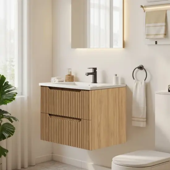 Wooakway 24" Walnut Floating Wall Mounted Bathroom Vanity Cabinet image {1}