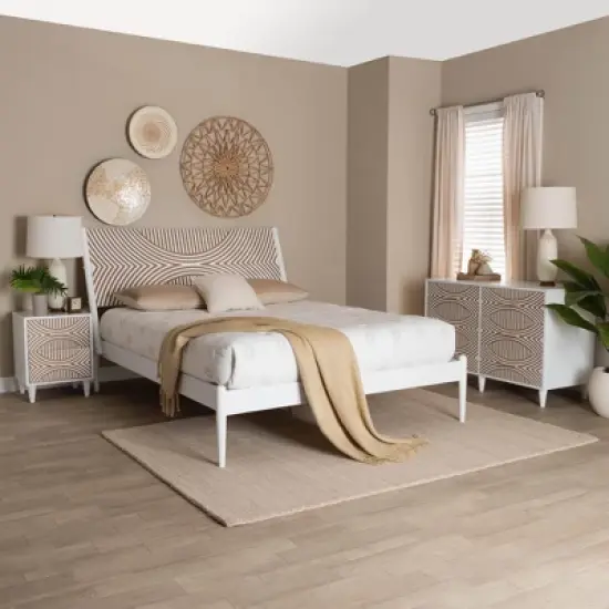 Baxton Studio Queen 3pc Louetta Carved Contrasting Bedroom Set White/Natural Brown image {1}