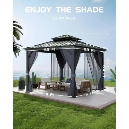 12'x12' hardtop gazebo for all weather with double metal roof, aluminum alloy frame, net, and curtain; perfect for patio, deck, and backyard. Gray. image {2}