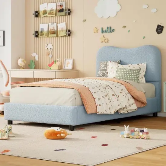 Kids Bed Frame with Cloud Boucle Upholstered Headboard, Low Profile Platform, Sturdy Wooden Slats, Noise Free, No Box Spring Needed image {2}